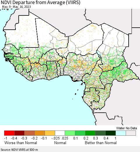 Western Africa NDVI Departure from Average (VIIRS) Thematic Map For 5/9/2023 - 5/16/2023
