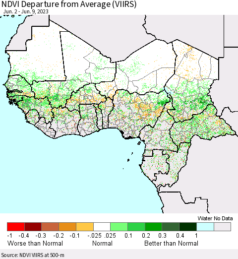 Western Africa NDVI Departure from Average (VIIRS) Thematic Map For 6/2/2023 - 6/9/2023
