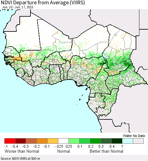 Western Africa NDVI Departure from Average (VIIRS) Thematic Map For 6/10/2023 - 6/17/2023