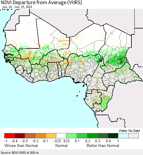 Western Africa NDVI Departure from Average (VIIRS) Thematic Map For 6/18/2023 - 6/25/2023