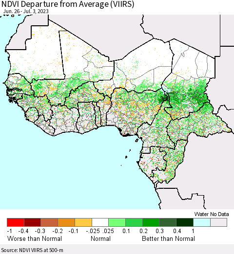 Western Africa NDVI Departure from Average (VIIRS) Thematic Map For 6/26/2023 - 7/3/2023
