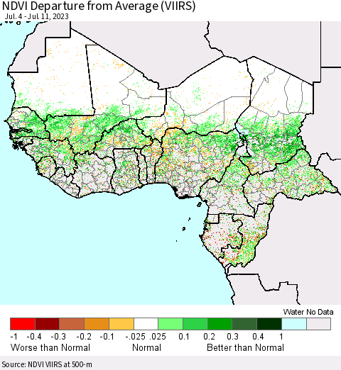 Western Africa NDVI Departure from Average (VIIRS) Thematic Map For 7/4/2023 - 7/11/2023