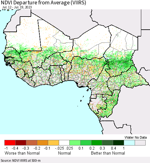 Western Africa NDVI Departure from Average (VIIRS) Thematic Map For 7/12/2023 - 7/19/2023