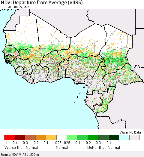 Western Africa NDVI Departure from Average (VIIRS) Thematic Map For 7/20/2023 - 7/27/2023