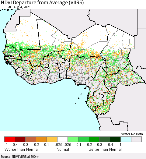 Western Africa NDVI Departure from Average (VIIRS) Thematic Map For 7/28/2023 - 8/4/2023