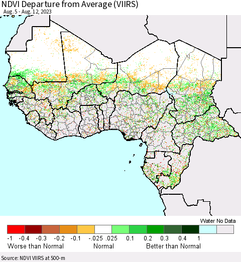 Western Africa NDVI Departure from Average (VIIRS) Thematic Map For 8/5/2023 - 8/12/2023