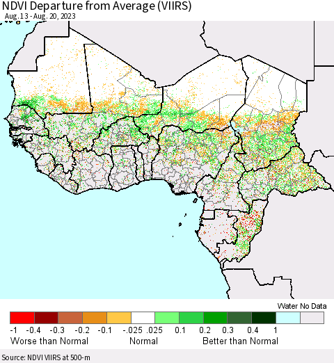 Western Africa NDVI Departure from Average (VIIRS) Thematic Map For 8/13/2023 - 8/20/2023