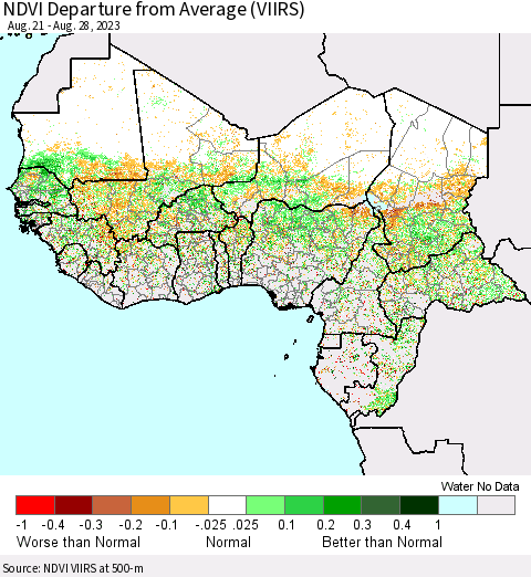Western Africa NDVI Departure from Average (VIIRS) Thematic Map For 8/21/2023 - 8/28/2023