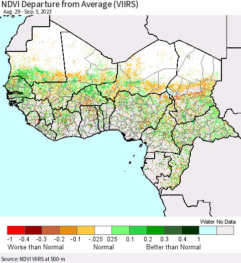 Western Africa NDVI Departure from Average (VIIRS) Thematic Map For 8/29/2023 - 9/5/2023