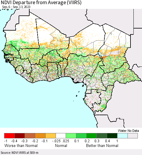 Western Africa NDVI Departure from Average (VIIRS) Thematic Map For 9/6/2023 - 9/13/2023
