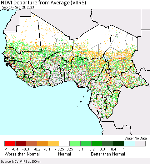 Western Africa NDVI Departure from Average (VIIRS) Thematic Map For 9/14/2023 - 9/21/2023