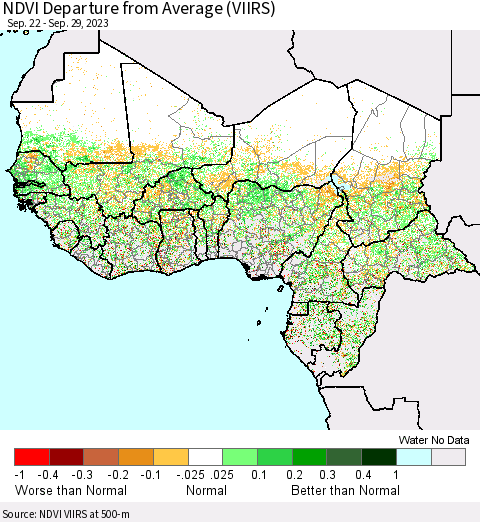 Western Africa NDVI Departure from Average (VIIRS) Thematic Map For 9/22/2023 - 9/29/2023