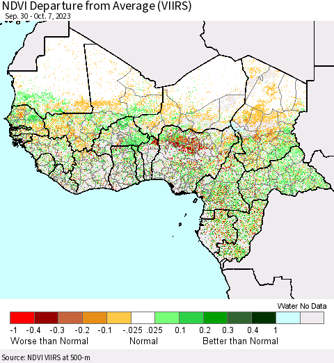 Western Africa NDVI Departure from Average (VIIRS) Thematic Map For 9/30/2023 - 10/7/2023