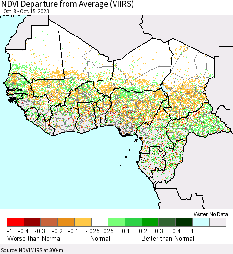 Western Africa NDVI Departure from Average (VIIRS) Thematic Map For 10/8/2023 - 10/15/2023