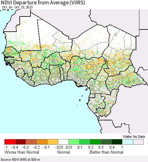 Western Africa NDVI Departure from Average (VIIRS) Thematic Map For 10/16/2023 - 10/23/2023