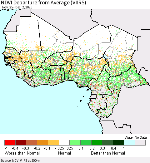 Western Africa NDVI Departure from Average (VIIRS) Thematic Map For 11/25/2023 - 12/2/2023