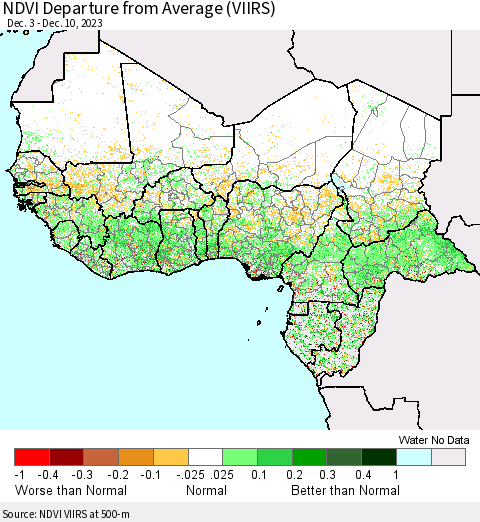 Western Africa NDVI Departure from Average (VIIRS) Thematic Map For 12/3/2023 - 12/10/2023