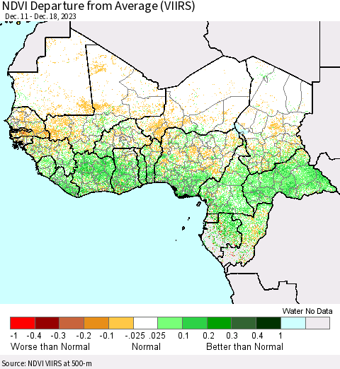 Western Africa NDVI Departure from Average (VIIRS) Thematic Map For 12/11/2023 - 12/18/2023