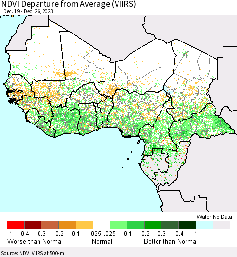 Western Africa NDVI Departure from Average (VIIRS) Thematic Map For 12/19/2023 - 12/26/2023
