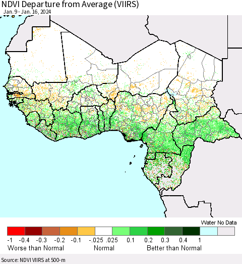 Western Africa NDVI Departure from Average (VIIRS) Thematic Map For 1/9/2024 - 1/16/2024