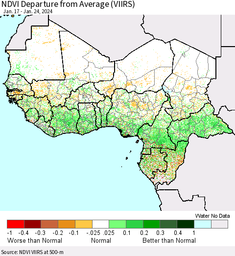 Western Africa NDVI Departure from Average (VIIRS) Thematic Map For 1/17/2024 - 1/24/2024