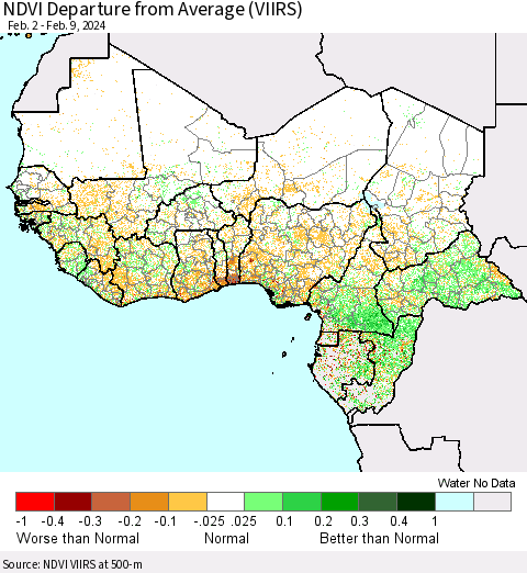 Western Africa NDVI Departure from Average (VIIRS) Thematic Map For 2/2/2024 - 2/9/2024