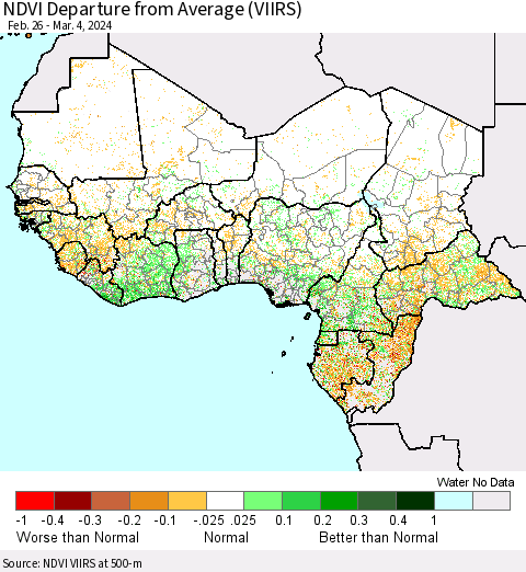 Western Africa NDVI Departure from Average (VIIRS) Thematic Map For 2/26/2024 - 3/4/2024
