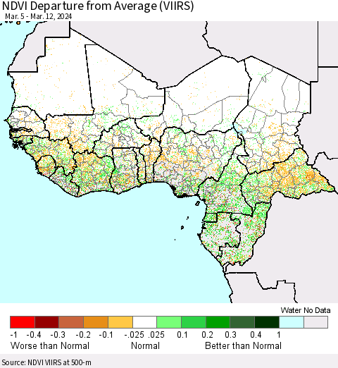 Western Africa NDVI Departure from Average (VIIRS) Thematic Map For 3/5/2024 - 3/12/2024