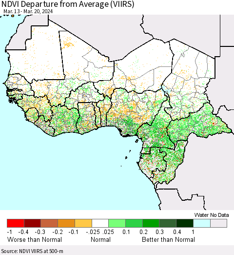 Western Africa NDVI Departure from Average (VIIRS) Thematic Map For 3/13/2024 - 3/20/2024