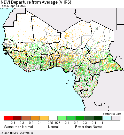 Western Africa NDVI Departure from Average (VIIRS) Thematic Map For 4/6/2024 - 4/13/2024