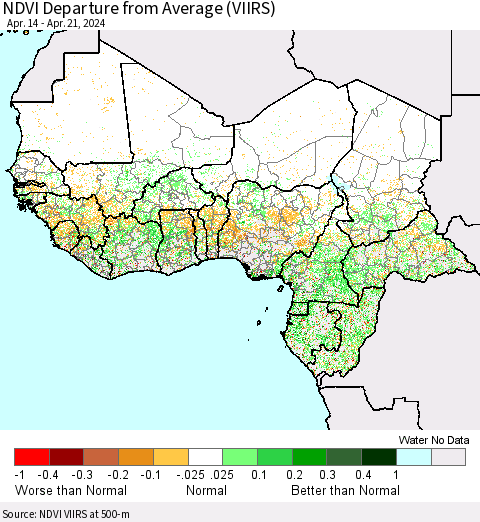 Western Africa NDVI Departure from Average (VIIRS) Thematic Map For 4/14/2024 - 4/21/2024