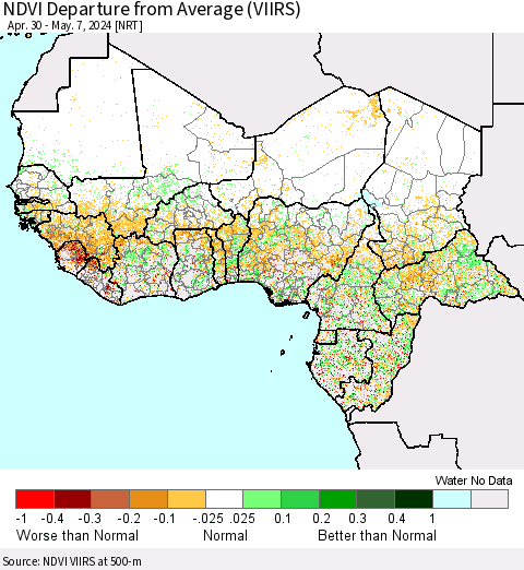 Western Africa NDVI Departure from Average (VIIRS) Thematic Map For 4/30/2024 - 5/7/2024