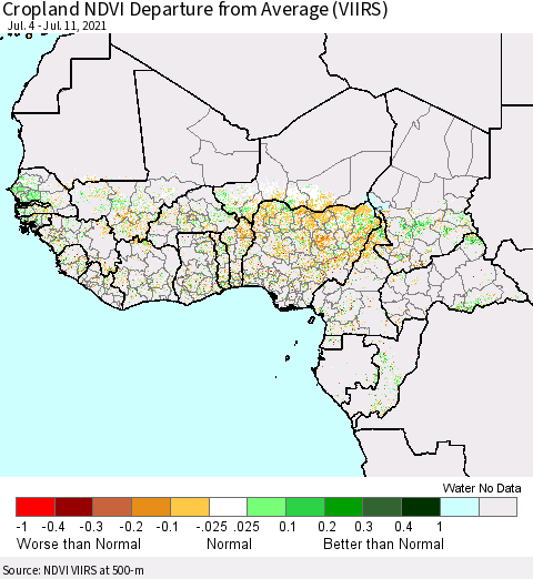 Western Africa Cropland NDVI Departure from Average (VIIRS) Thematic Map For 7/4/2021 - 7/11/2021