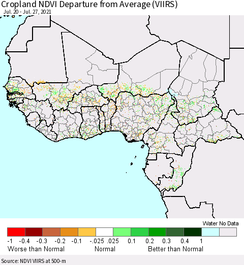Western Africa Cropland NDVI Departure from Average (VIIRS) Thematic Map For 7/20/2021 - 7/27/2021
