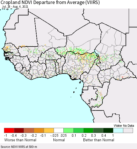 Western Africa Cropland NDVI Departure from Average (VIIRS) Thematic Map For 7/28/2021 - 8/4/2021