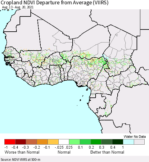 Western Africa Cropland NDVI Departure from Average (VIIRS) Thematic Map For 8/13/2021 - 8/20/2021