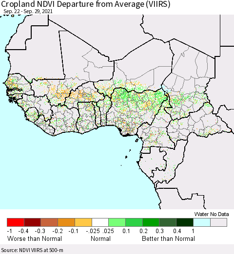 Western Africa Cropland NDVI Departure from Average (VIIRS) Thematic Map For 9/22/2021 - 9/29/2021