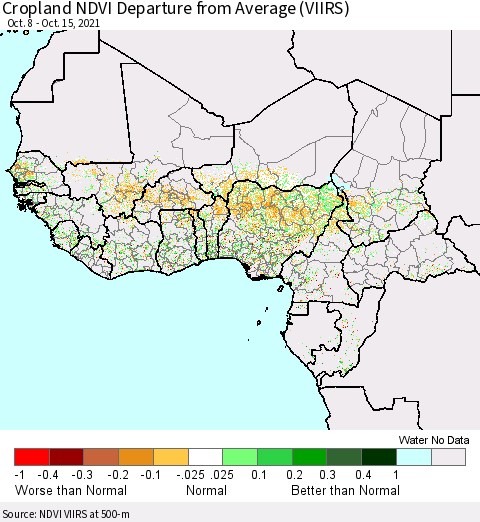 Western Africa Cropland NDVI Departure from Average (VIIRS) Thematic Map For 10/8/2021 - 10/15/2021