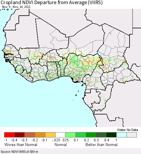 Western Africa Cropland NDVI Departure from Average (VIIRS) Thematic Map For 11/9/2021 - 11/16/2021