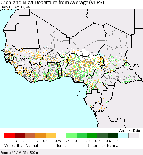 Western Africa Cropland NDVI Departure from Average (VIIRS) Thematic Map For 12/11/2021 - 12/18/2021