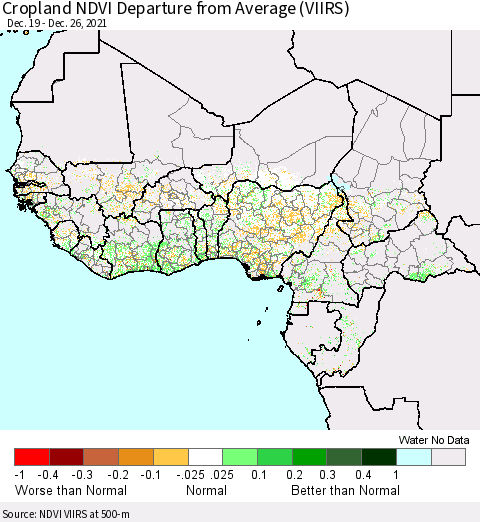 Western Africa Cropland NDVI Departure from Average (VIIRS) Thematic Map For 12/19/2021 - 12/26/2021