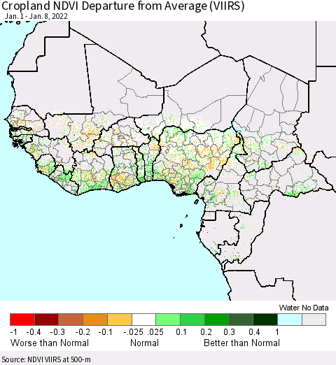 Western Africa Cropland NDVI Departure from Average (VIIRS) Thematic Map For 1/1/2022 - 1/8/2022