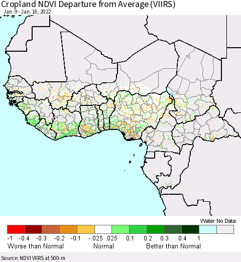 Western Africa Cropland NDVI Departure from Average (VIIRS) Thematic Map For 1/9/2022 - 1/16/2022