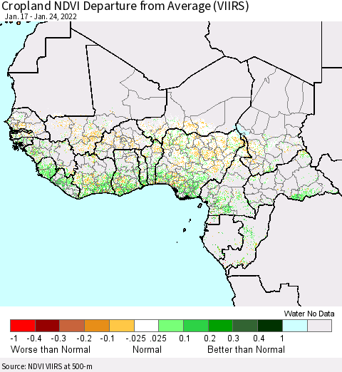 Western Africa Cropland NDVI Departure from Average (VIIRS) Thematic Map For 1/17/2022 - 1/24/2022