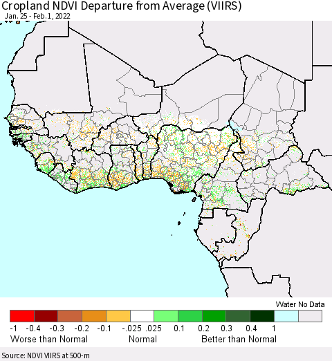Western Africa Cropland NDVI Departure from Average (VIIRS) Thematic Map For 1/25/2022 - 2/1/2022