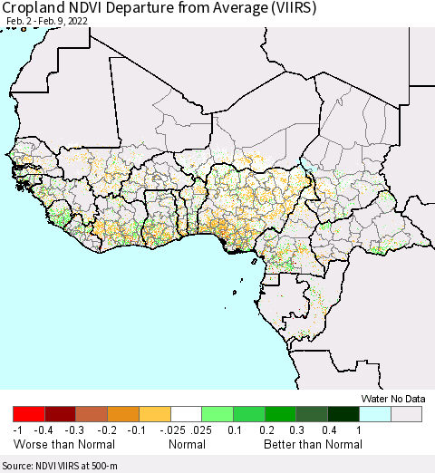 Western Africa Cropland NDVI Departure from Average (VIIRS) Thematic Map For 2/2/2022 - 2/9/2022
