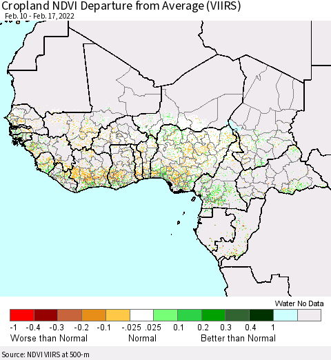 Western Africa Cropland NDVI Departure from Average (VIIRS) Thematic Map For 2/10/2022 - 2/17/2022