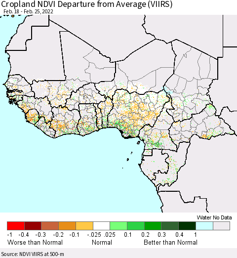 Western Africa Cropland NDVI Departure from Average (VIIRS) Thematic Map For 2/18/2022 - 2/25/2022