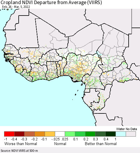 Western Africa Cropland NDVI Departure from Average (VIIRS) Thematic Map For 2/26/2022 - 3/5/2022