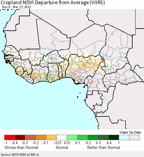 Western Africa Cropland NDVI Departure from Average (VIIRS) Thematic Map For 3/6/2022 - 3/13/2022